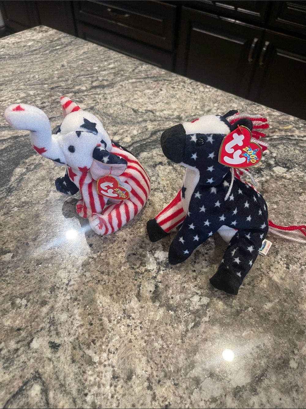 Ty 2000 Red White Blue Star “Righty” Elephant & “Lefty” Donkey beanie baby set